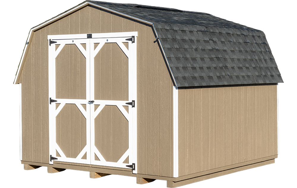 8-foot Painted Pro shed shown with black architectural shingles, Buckskin with White trim