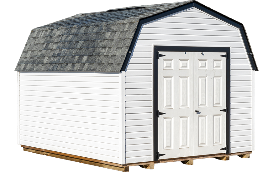 9-foot Vinyl Pro shed shown with black architectural shingles, White with Black trim