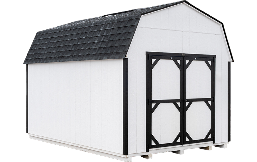 10-foot Lofted Painted Pro shed shown with black architectural shingles, White with Black trim