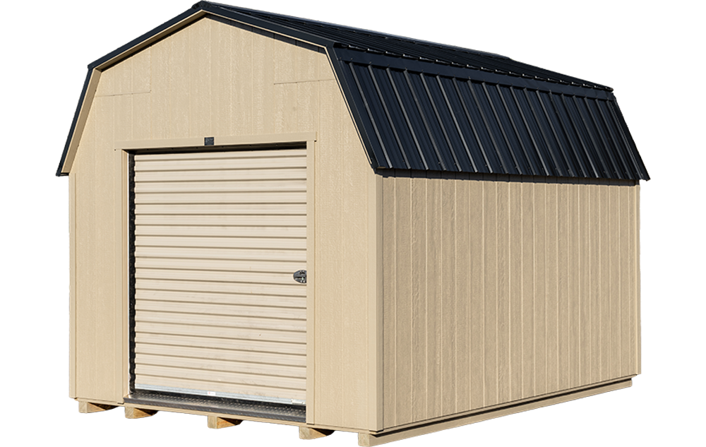 High Barn shed shown in clay with clay trim and a black metal roof