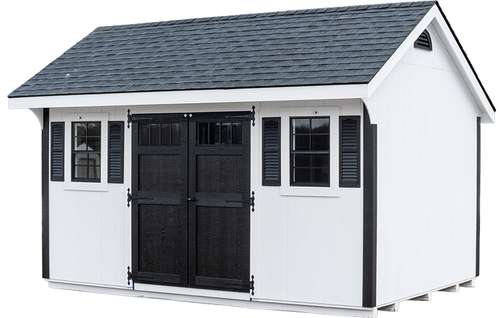 Carriage House shed shown in painted siding with contrasting trim