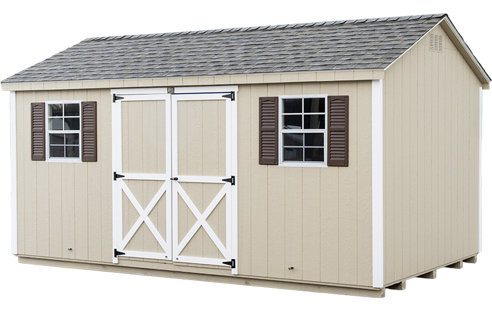 Cottage Workshop shed shown in Sandstone with White trim