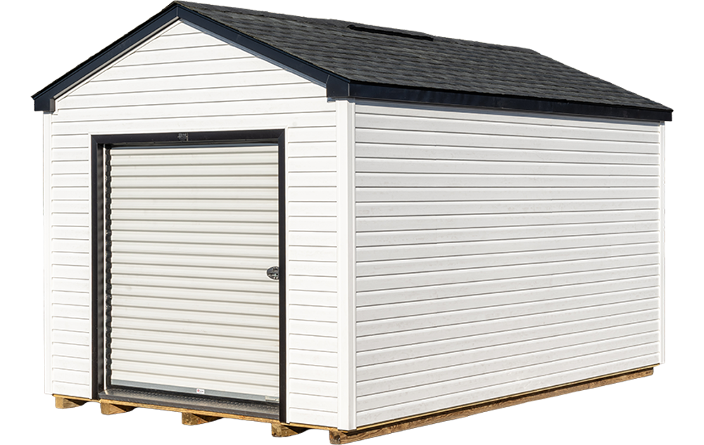 Cottage shed shown in painted siding with contrasting trim