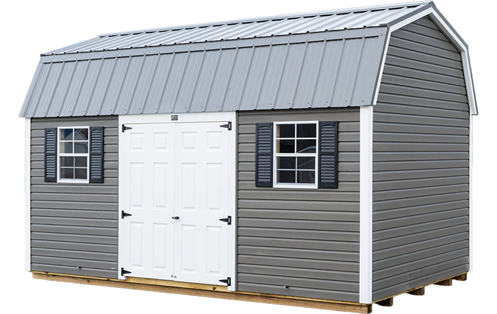 Dutch Barn shed shown in white vinyl siding with Charcoal Smoke trim