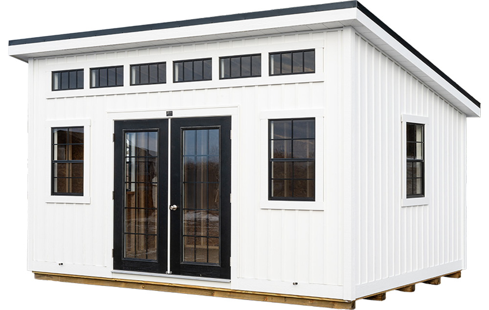 Klassic Studio shed shown in painted siding with contrasting trim
