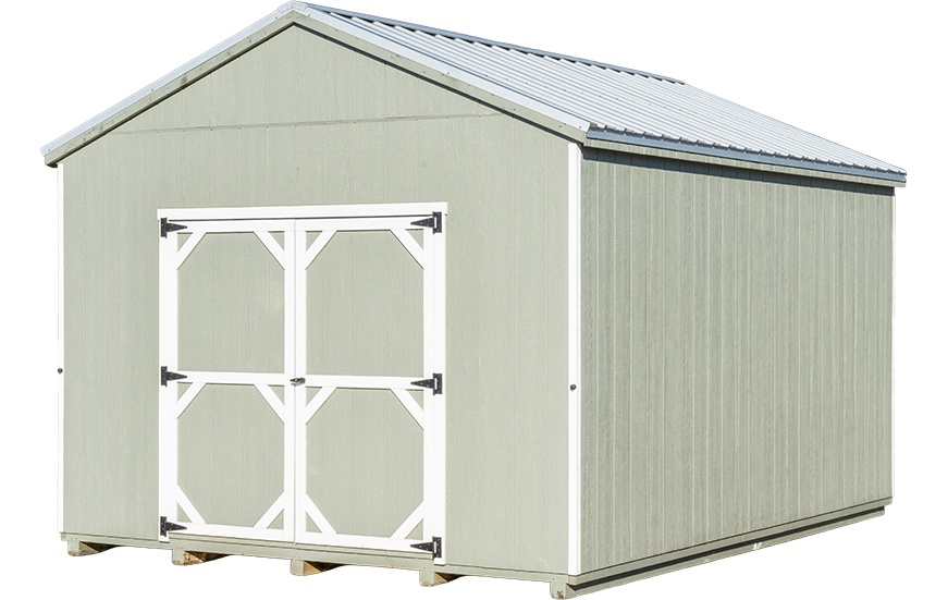 Pro Cottage shed shown with a Galvalume metal roof, Coastal Sage with White trim