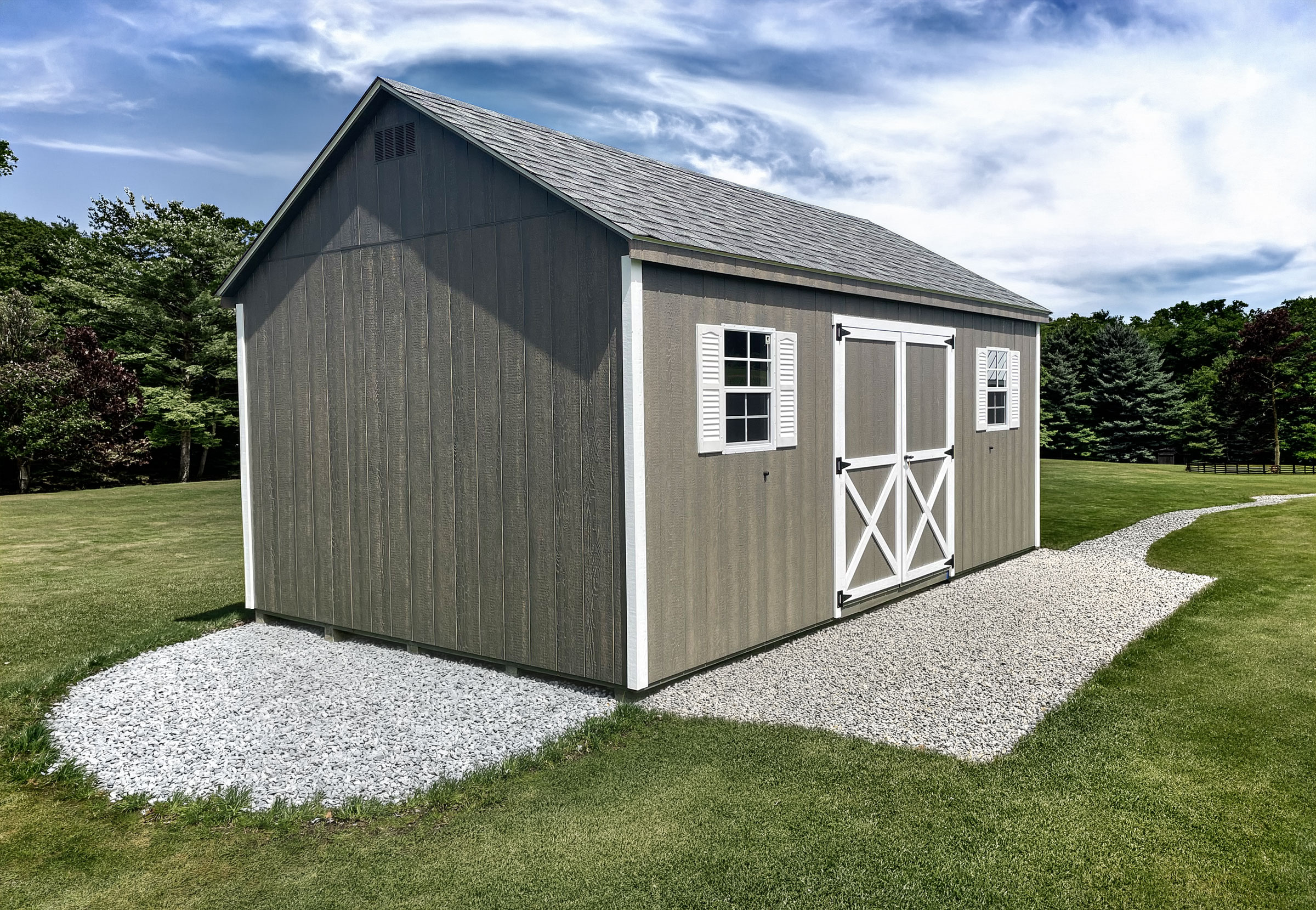A 12x20 Cape Cod shed shown in  Urethane Barnwood Grey with White trim