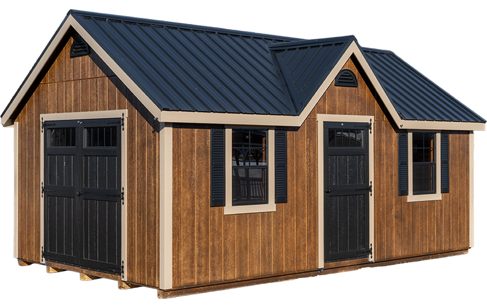 Chalet shed shown in Coastal Sage with Clay trim