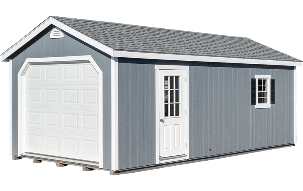 Garage shed shown in painted siding with contrasting trim