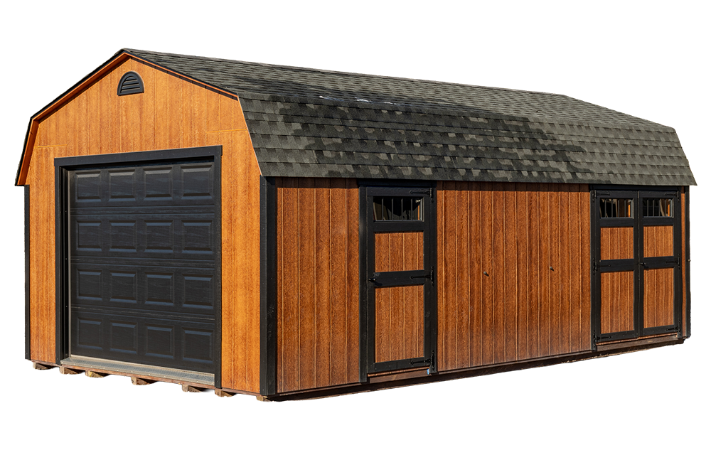 Dutch Barn Garage shown in painted siding with contrasting trim