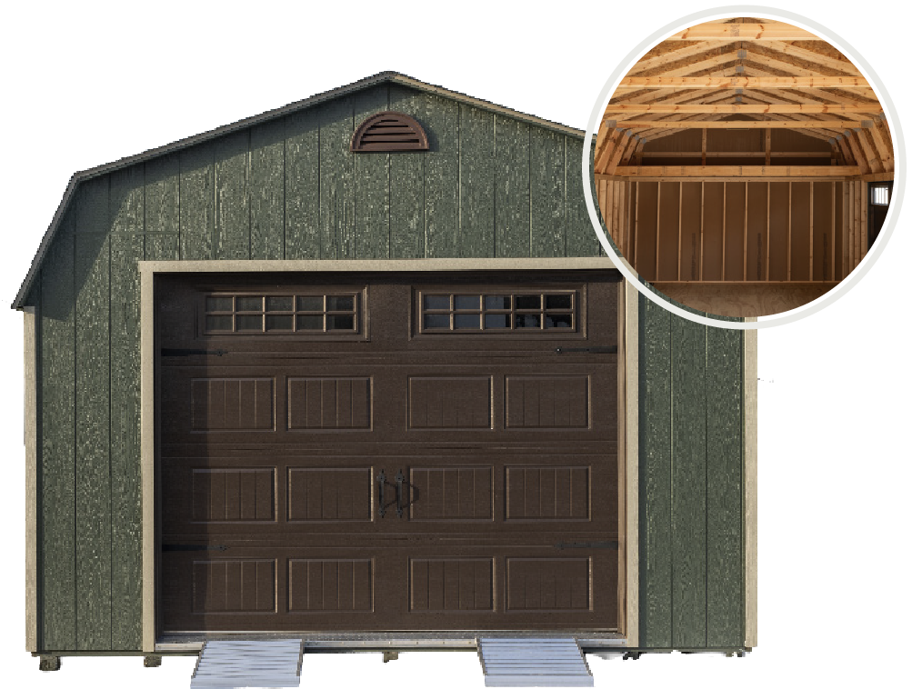A brown Mast Mini Barn barn style garage with LP Smartside and aluminium ramps