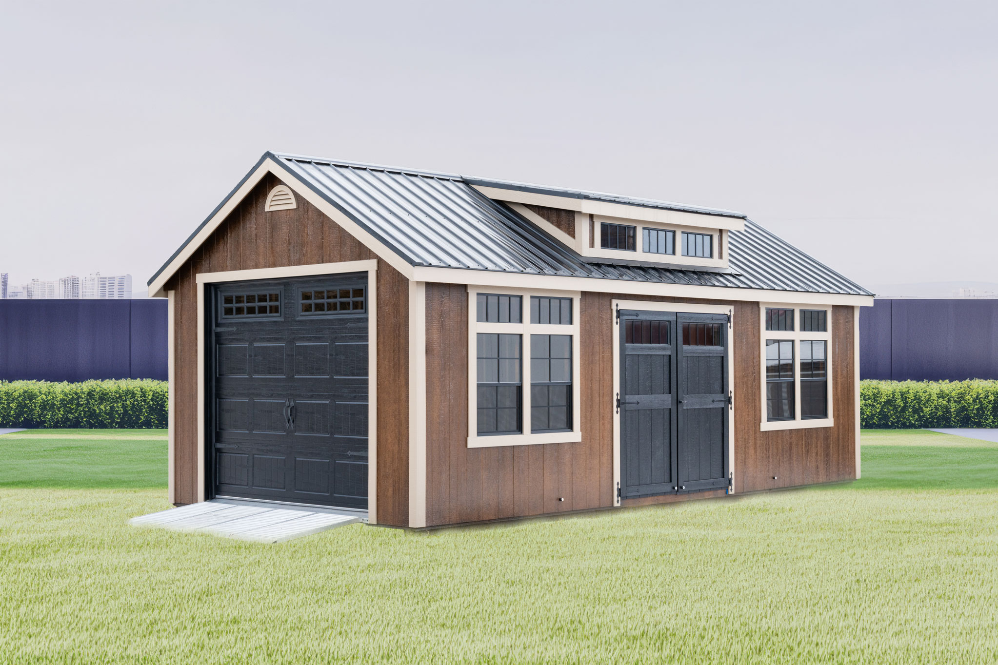 A brown Mast Mini Barn Cape Cod 12x24 garage