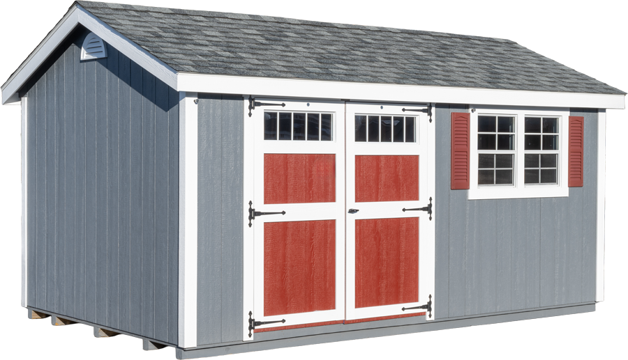 Cottage Workshop shed shown in Dawn Grey with White trim and red doors
