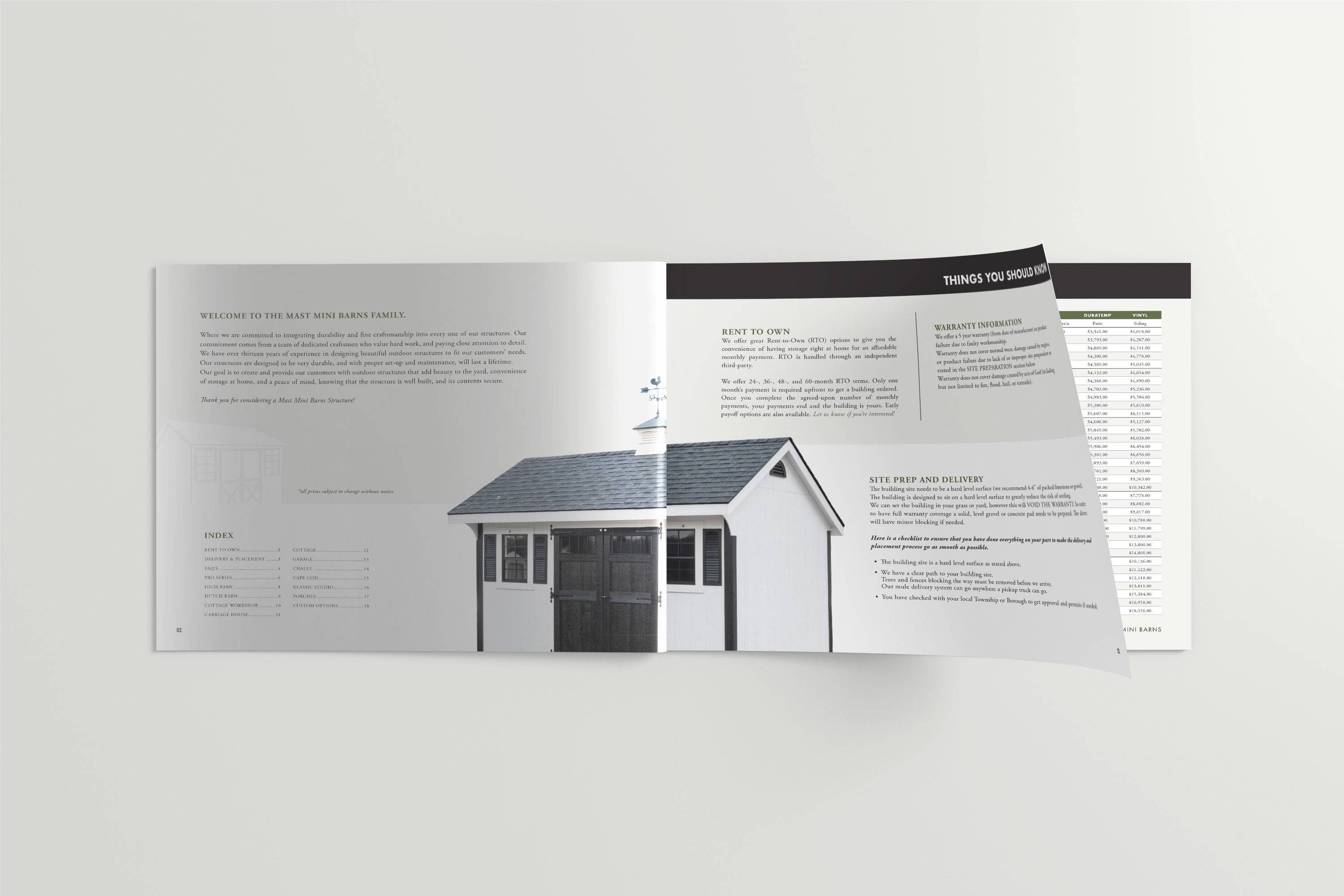 Mast Mini Barns shed catalog open to specifications and pricing pages