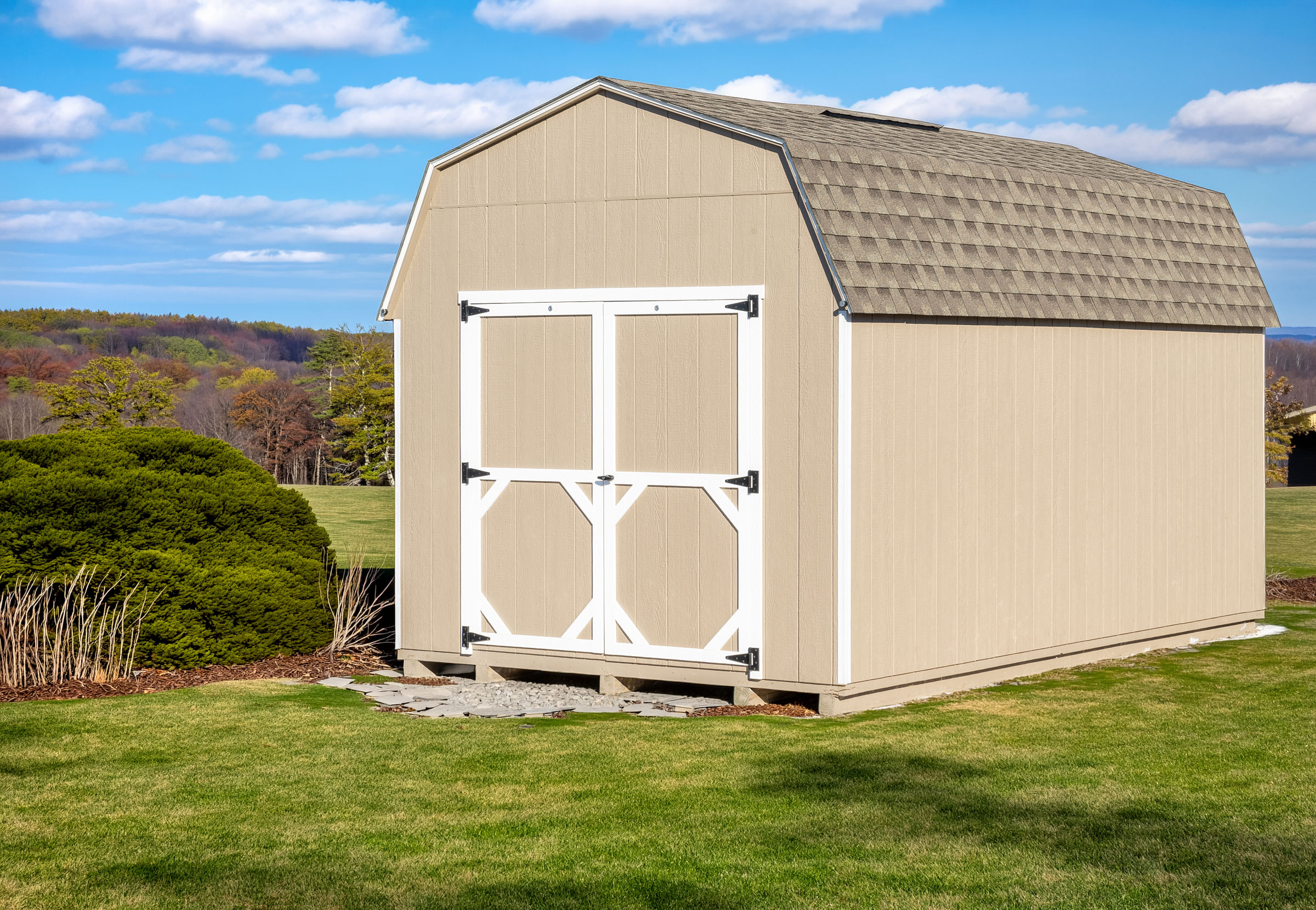 A 10x16 Mast Mini Barn 10ft Lofted Painted Pro shed shown with architectural shingles, Sandstone with White trim