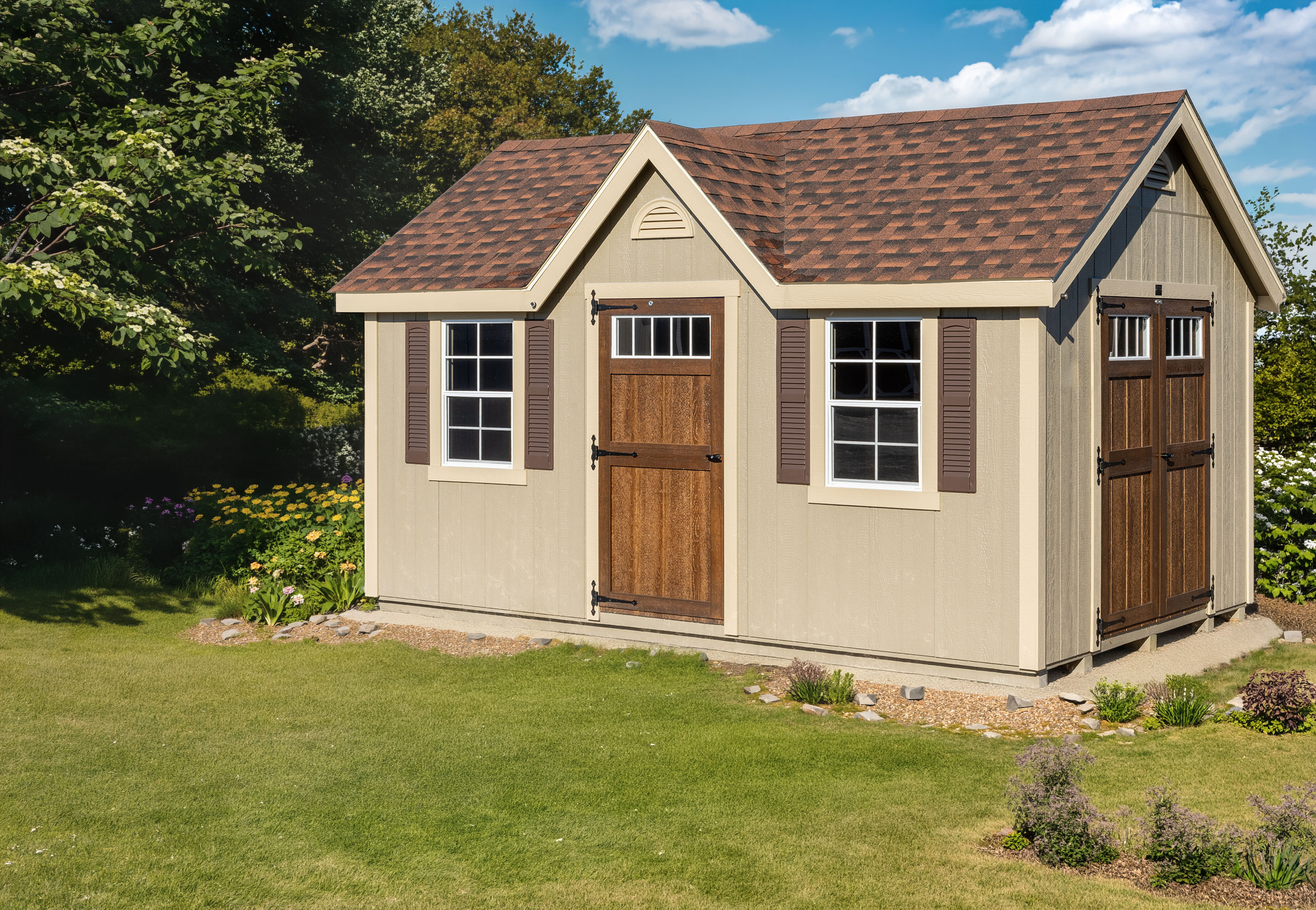 A 10x16 Mast Mini Barn Chalet shed shown in Tuscan Clay with Sandstone trim and Chestnut Urethane doors
