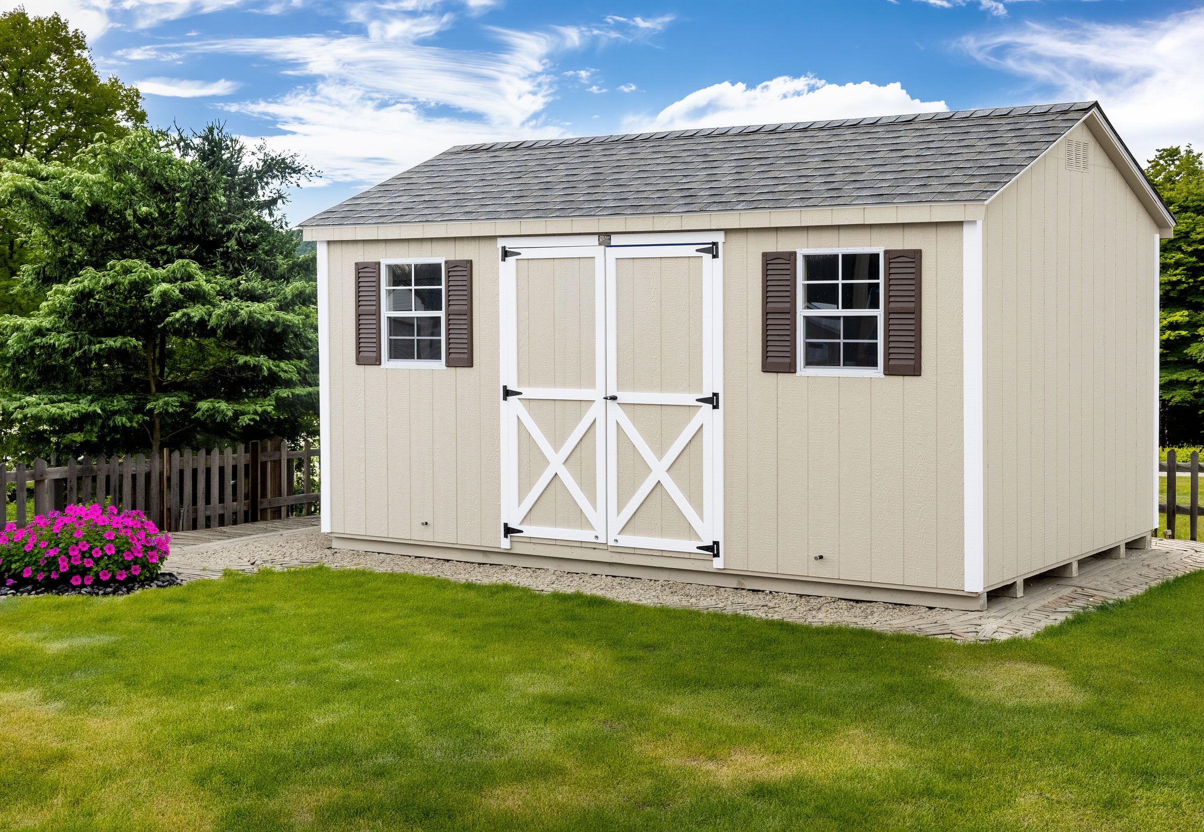 A Mast Mini Barn Cottage Workshop shown in Sandstone with White trim