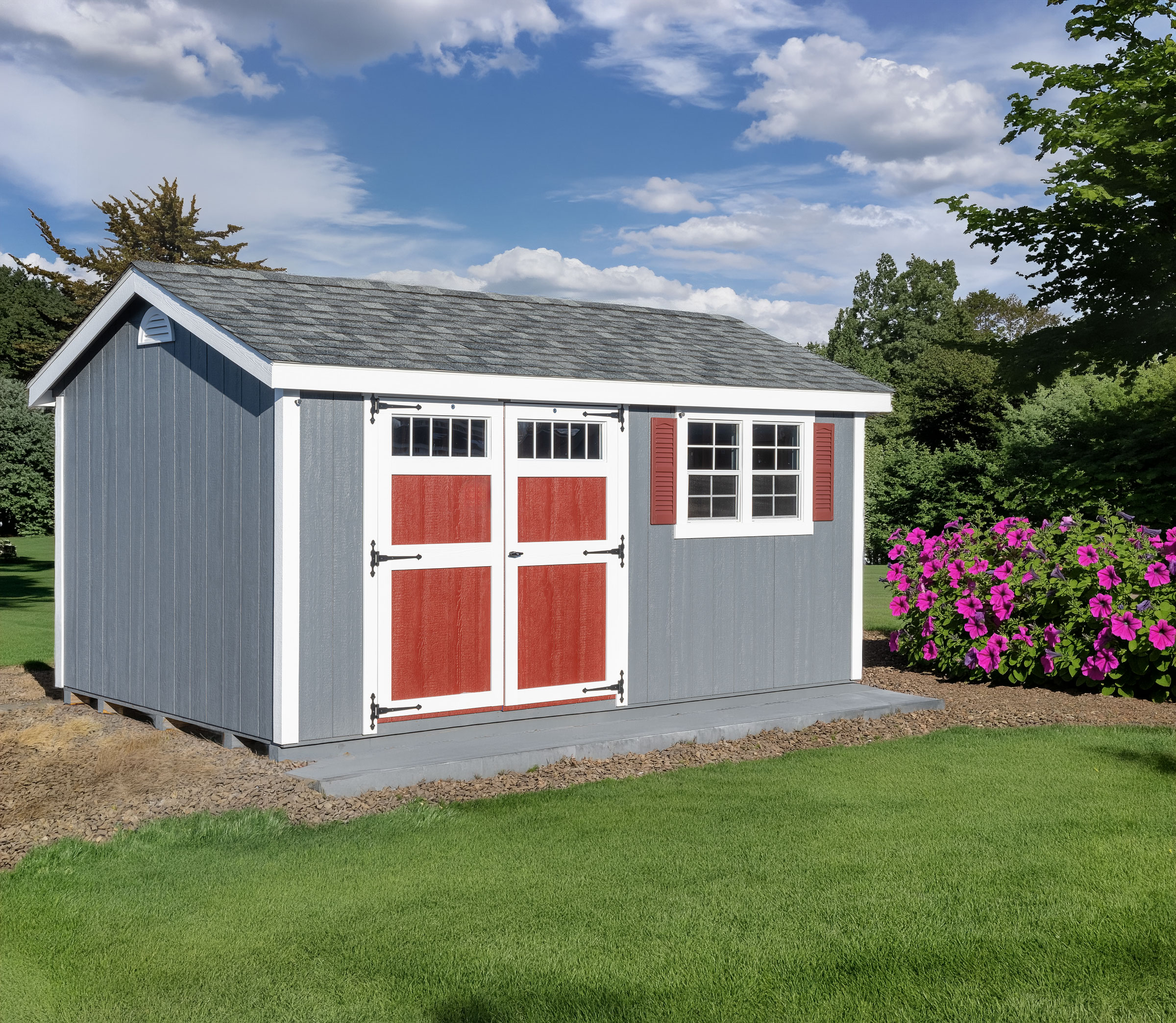 A 10x16 Mast Mini Barn Cottage Workshop shed shown in Dawn Grey with White trim