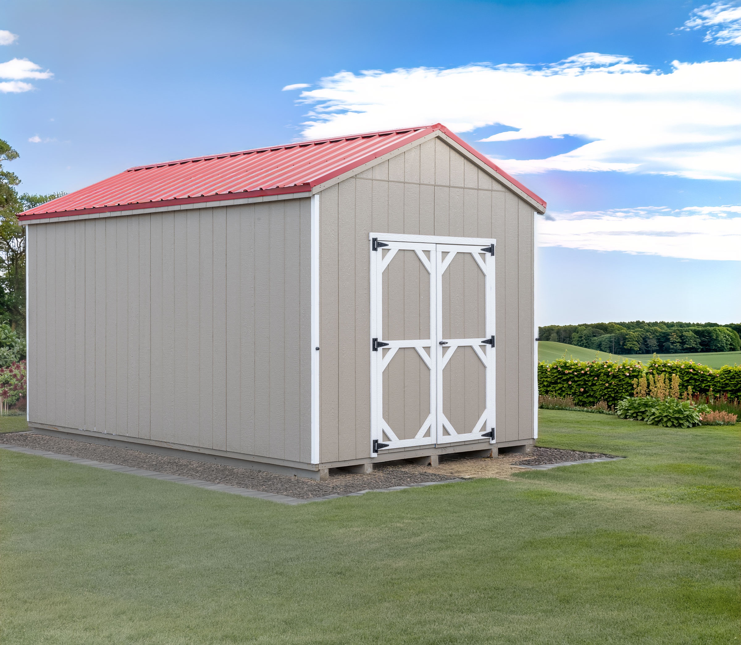 A 10x16 Mast Mini Barn Pro Cottage shed shown in clay with White trim and a red metal roof