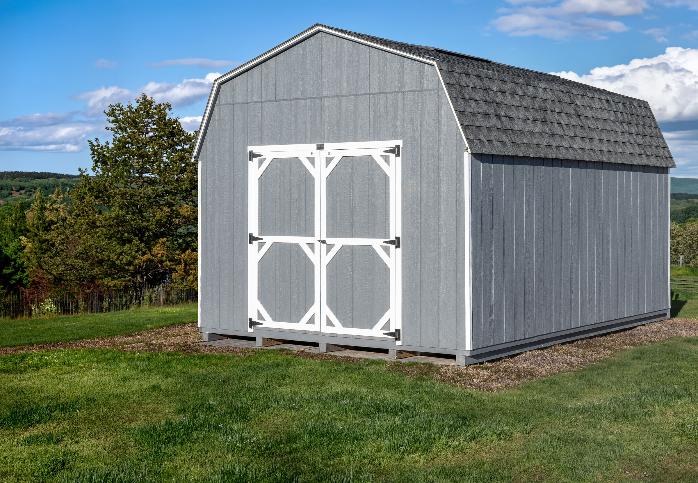 A 12x16 Mast Mini Barn 10ft Lofted Painted Pro shed shown with architectural shingles, Grey with White trim