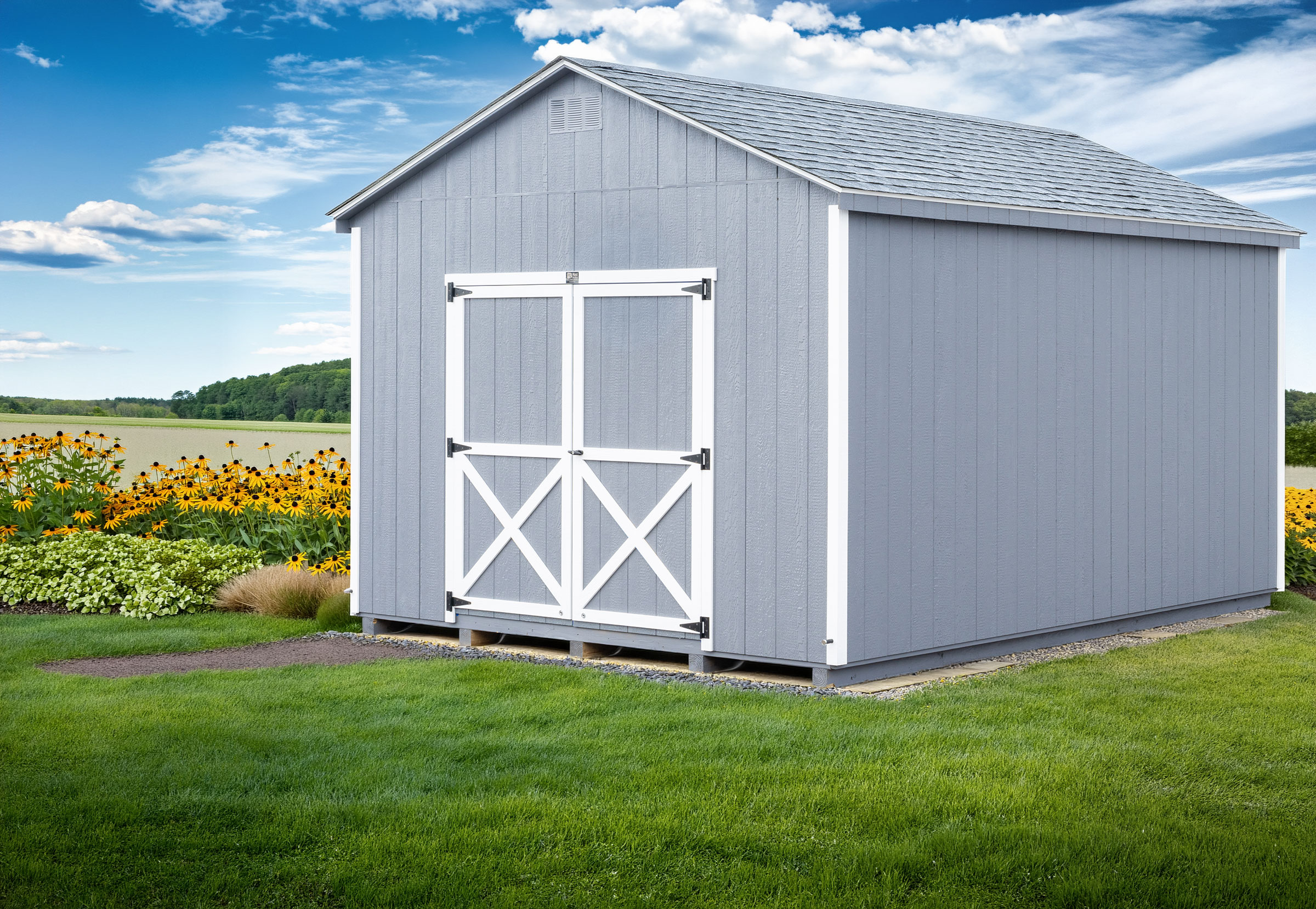 A 12x16 Mast Mini Barn Cottage shed shown in Grey with White trim