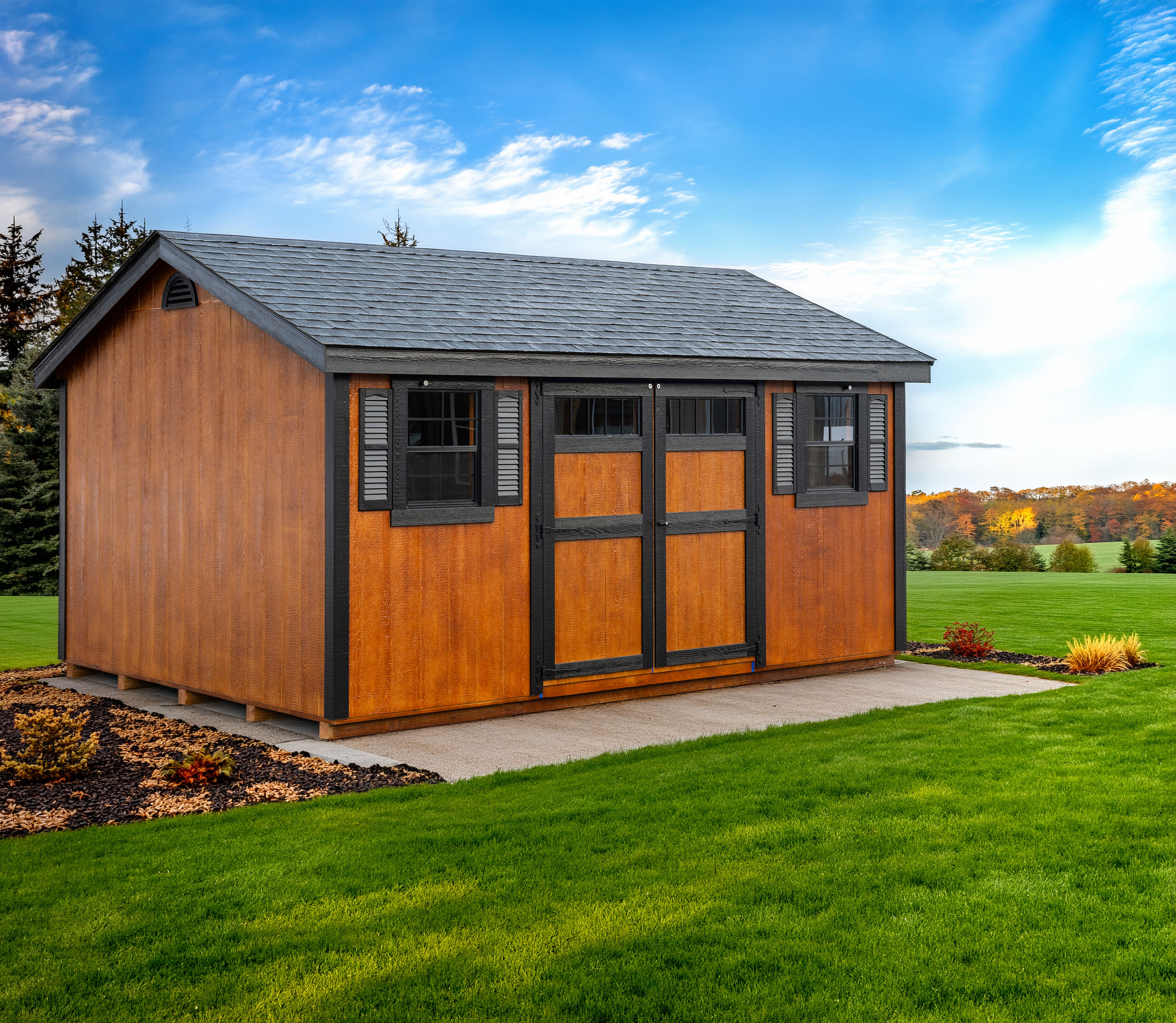 A 12x16 Mast Mini Barn Cottage Workshop shed shown in Chestnut Brown Urethane with Black trim
